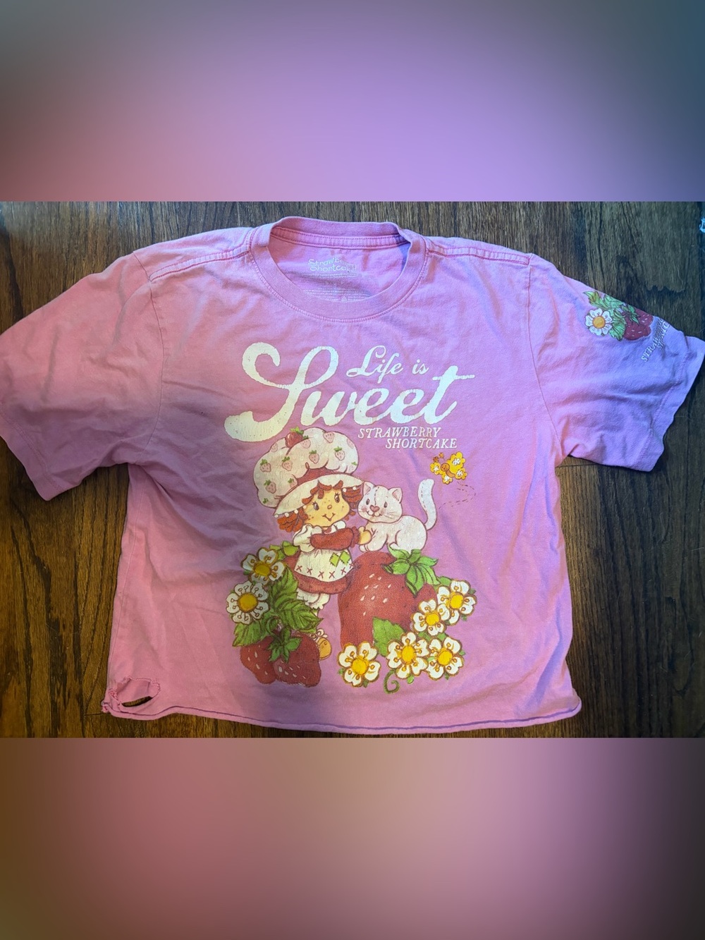 Distressed Life Is Sweet Strawberry Shortcake Graphic Tee - Pink